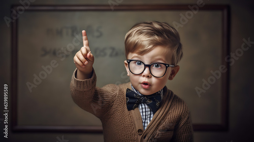 Little boy scientist arguing against a blackboard.Raises his index finger up.Created with Generative AI technology.