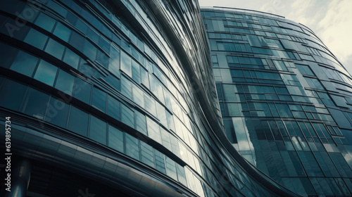 Low angle view of futuristic architecture, Skyscraper of office building with curve glass window.