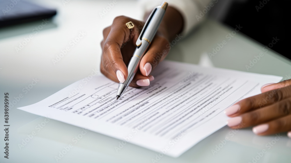 Businesswoman signing official contract, formal document, close up.Created with Generative AI technology. Businesswoman signing official contract, formal document, close up.Created with Generative AI technology.