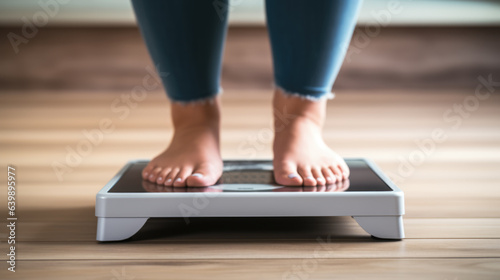 Cropped image of woman feet standing on weigh scales. © MP Studio