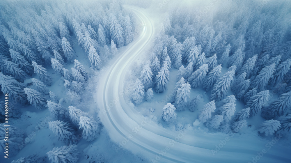 From above, a sinuous road cuts through a winter forest, blanketed in snow.