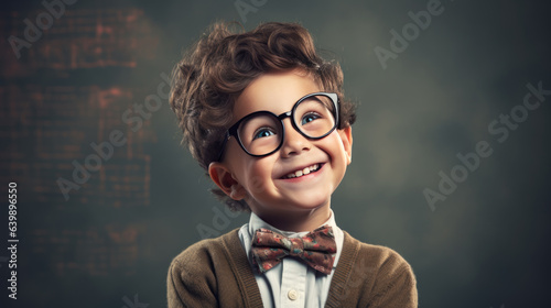 Little schoolboy standing in front of the blackboard and smiling. Created with Generative AI technology.
