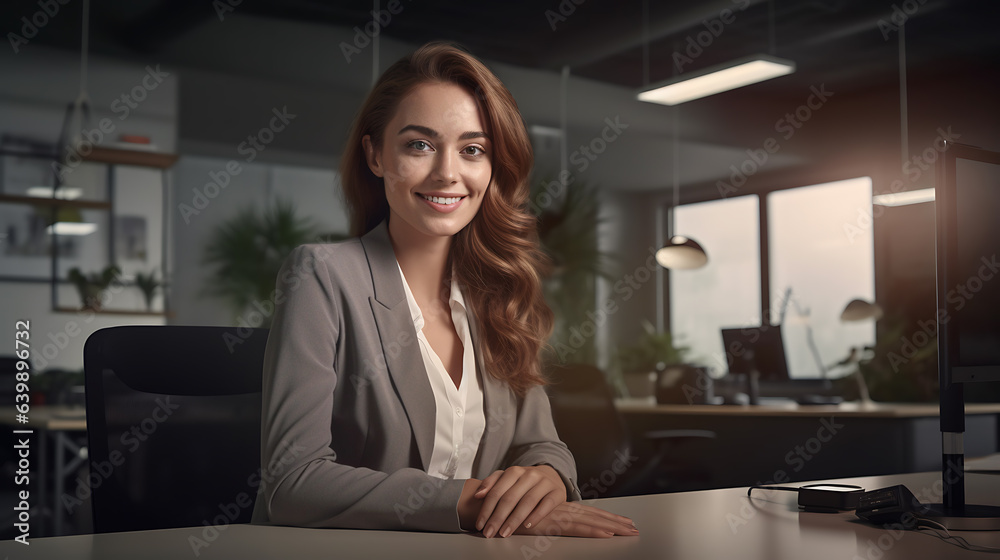Close up portrait of a smiling young businesswoman in suit sitting in her office.Created with Generative AI technology. Close up portrait of a smiling young businesswoman in suit sitting in her office.Created with Generative AI technology.
