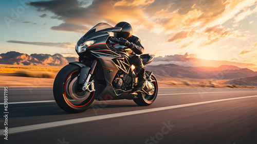 sport motorcycle in the Highway with the beautiful nature landscape view