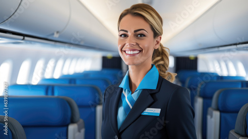Portrait of a stewardess against the background of an airplane cabin.