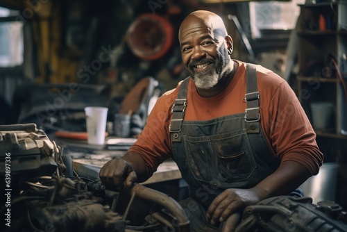 Man repairing a car in auto repair shop. Smiley middle aged African American man in his workshop.
