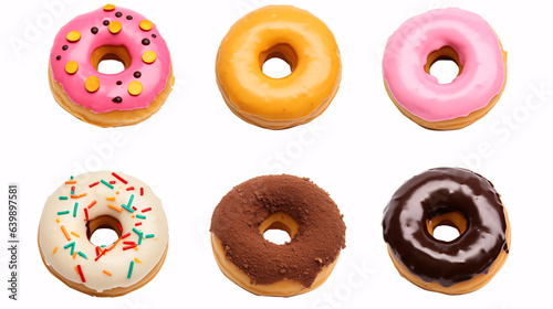 A tempting assortment of delectable donuts, each unique in its own way, is showcased against a clean white backdrop, evoking the charm of a cafe menu.