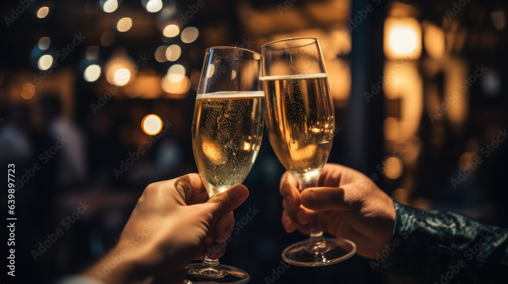 Two people are holding a glass of champagne and chasing. Two people are holding a glass of champagne and chasing.