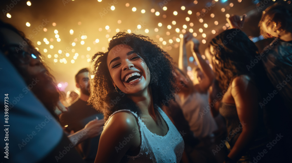 Young girl dancing in a nightclub surrounded by friends.