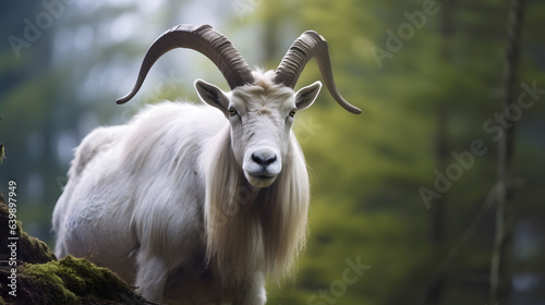 Portrait of altai mountain goat in forest.