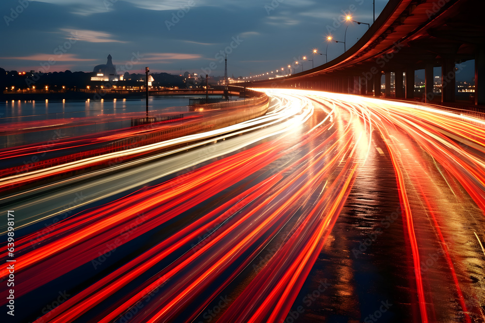 Time lapse photography of vehicle lights on the bridge at night in city