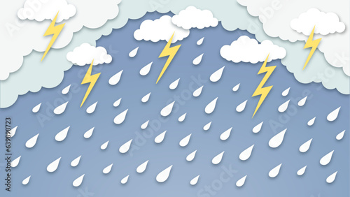 Rainy weather 3d paper cut illustration, raining clouds and thunders vector, rain from the sky illustration