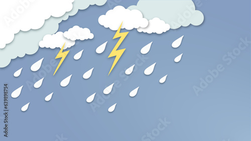 Rainy clouds corner vctor, heavy rain with lightning bolts, papercut 3d clouds in raining sky illustration