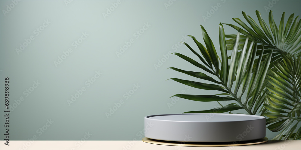 An elegant 3D-rendered cosmetic backdrop, complete with a cosmetic podium and a graceful palm leaf, all set against a pastel-colored canvas. An elegant 3D-rendered cosmetic backdrop, complete with a cosmetic podium and a graceful palm leaf, all set against a pastel-colored canvas.