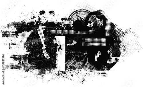 Fototapeta Naklejka Na Ścianę i Meble -  Glitch distorted grange shape . Noise grungy logo . Trendy defect error shapes . Glitched frame .Grunge textured . Distressed effect .Vector shapes with a halftone dots screen print texture.