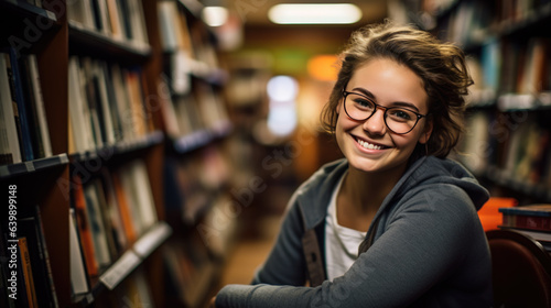 Female student sitting in front of book shelves in college library