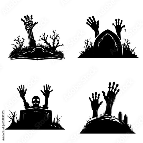 Zombie's hands sticking out of the grave. Cartoon Halloween silhouette elements collection