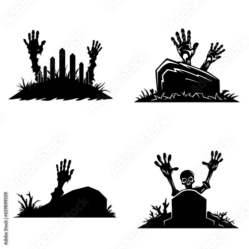 Zombie's hands sticking out of the grave. Cartoon Halloween silhouette elements collection