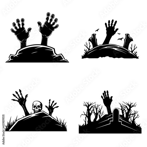 Zombie's hands sticking out of the grave. Cartoon Halloween silhouette elements collection