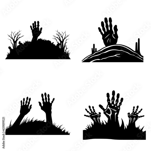 Zombie's hands sticking out of the grave. Cartoon Halloween silhouette elements collection