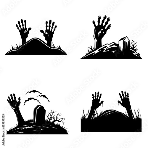 Zombie's hands sticking out of the grave. Cartoon Halloween silhouette elements collection