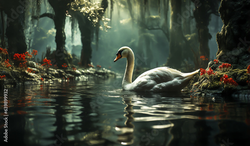 Fototapeta Naklejka Na Ścianę i Meble -  Graceful swan swimming in the lake. AI generated