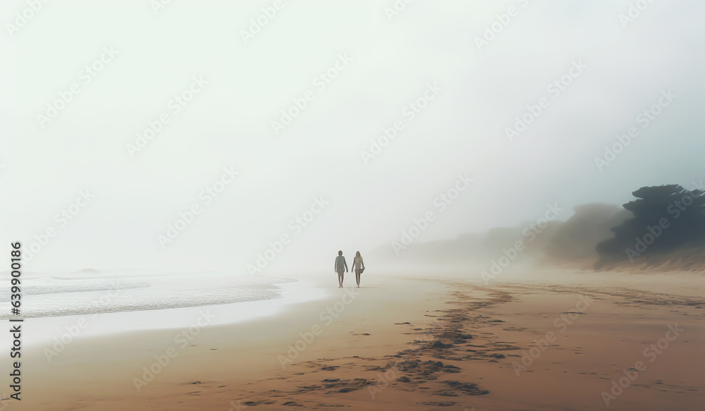 Foggy landscape with silhouettes of people walking along the beach. AI generated