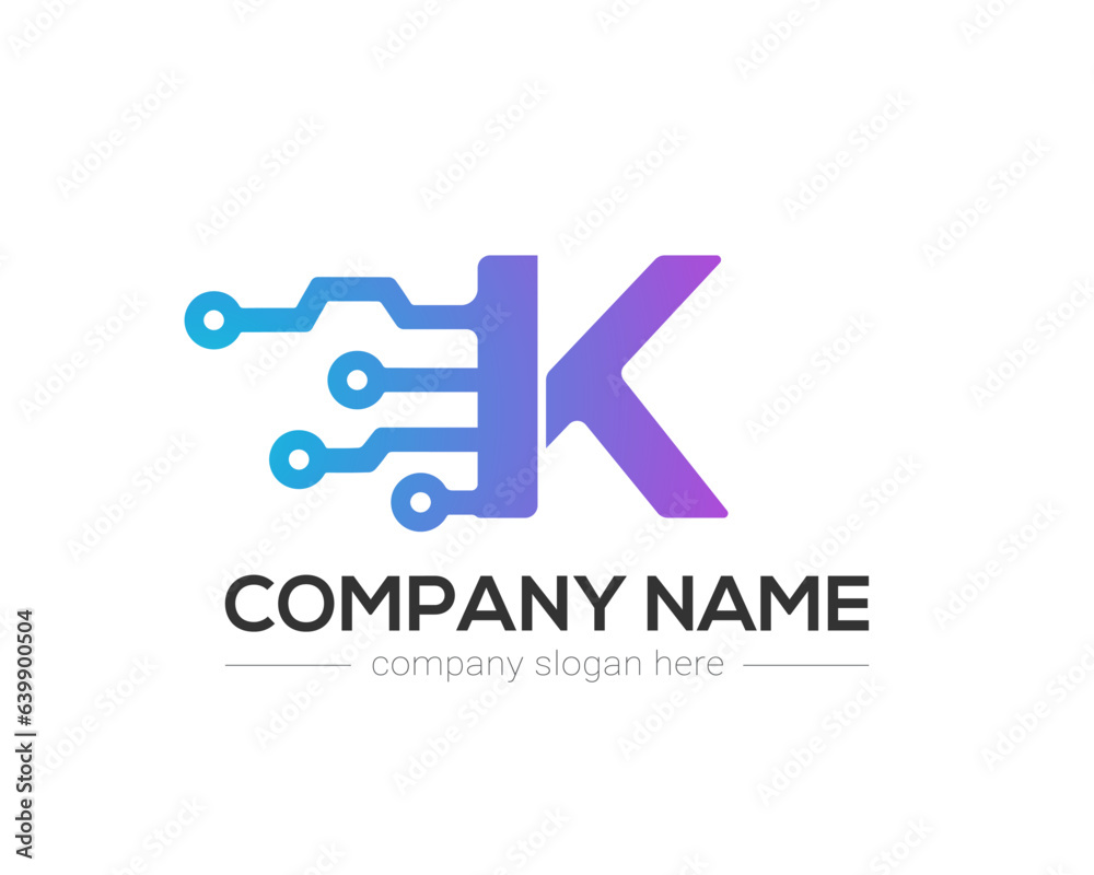 K Letter Tech Logo Design Vector Template.
K Letter Icon Design with Digital Circuit Connection Symbol.
Motion Speed Line Letter K Logo Element.