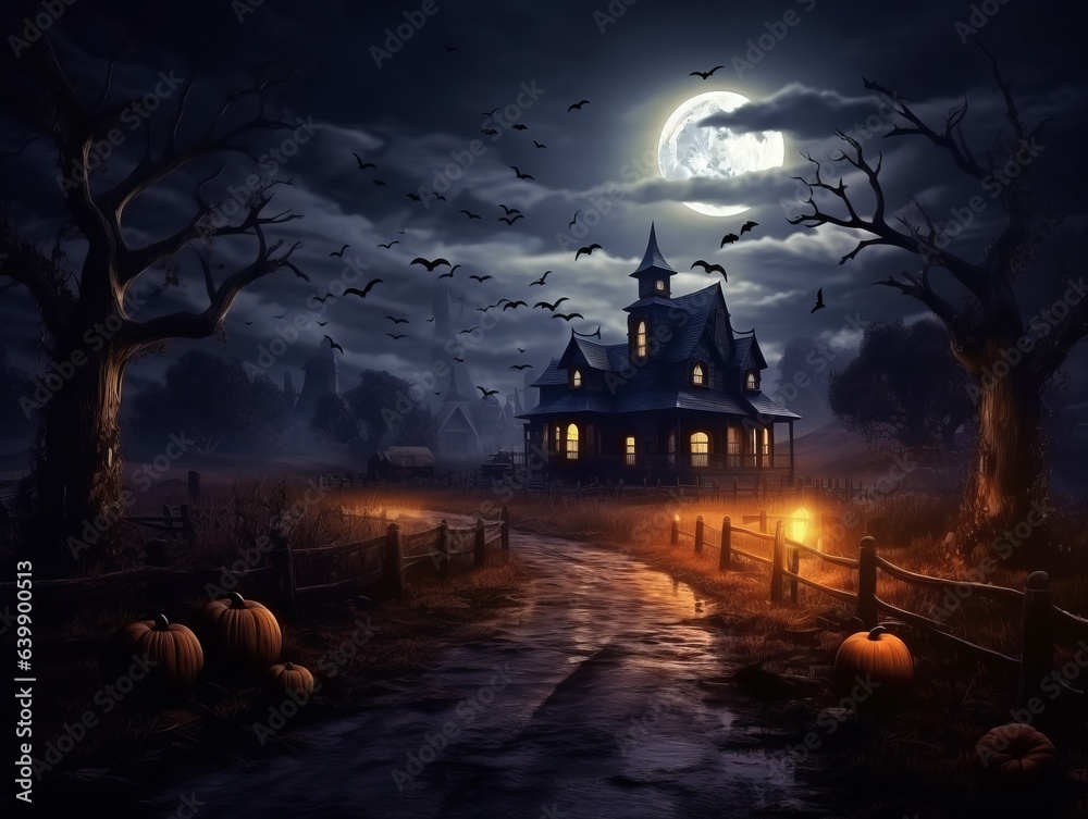 Old abandoned haunted house, halloween, pumpkin lanterns, gloomy atmosphere Generative AI