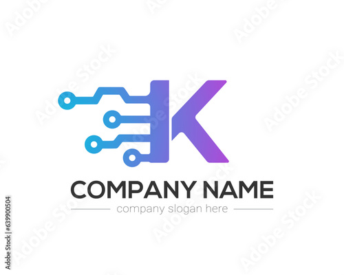 K Letter Tech Logo Design Vector Template. K Letter Icon Design with Digital Circuit Connection Symbol. Motion Speed Line Letter K Logo Element.