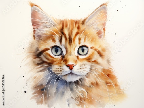 red cat, fluffy, on a white background, watercolor Generative AI