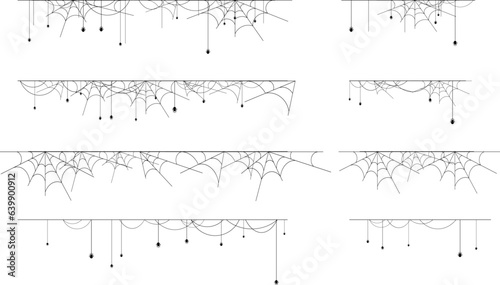 Spider web horizontal border collection. Halloween decorations with net and spiders.