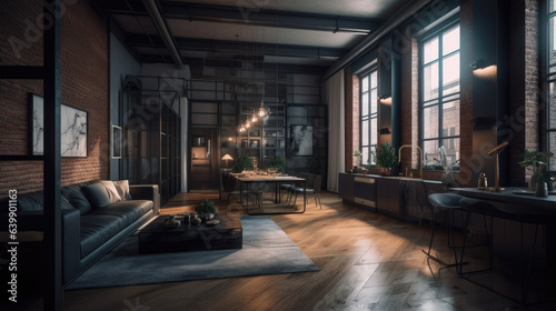 luxury studio apartment with a free layout in a loft style in dark colors. Stylish modern room area with wooden floor parquet and 3d panel wall.