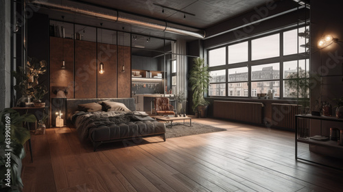 luxury studio apartment with a free layout in a loft style in dark colors. Stylish modern room area with wooden floor parquet and 3d panel wall.