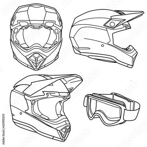 Technical sketch drawing of motocross helmet and goggles line art, flat sketch, front, back, and side view, isolated on white background, suitable for your motocross helmet, editable color and stroke.