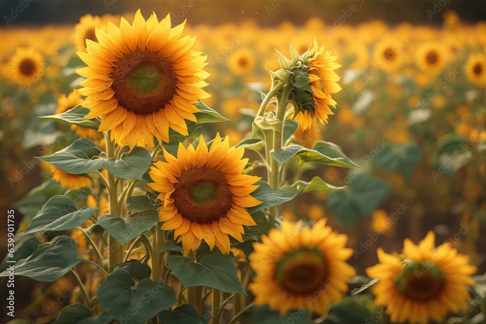 Beautiful sunflower flower blooming in sunflowers field with white cloudy and blue sky. - obrazy, fototapety, plakaty 