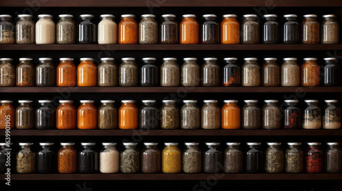 Aromatic Spice Bazaar: A Stunning Display of Vibrant Rows of Bottled Spices and Fragrant Herbs on a Well-Stocked Grocery Store Shelf, Inviting Culinary Exploration and Flavourful Discoveries