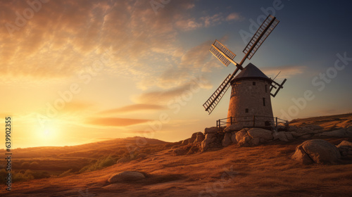 Idyllic Countryside Scene: Rustic Windmill Silhouetted Gracefully Against the Warm Glow of a Golden Sunset, Creating a Tranquil and Timeless Landscape