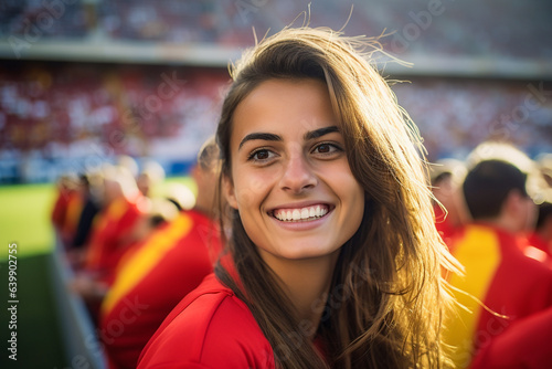 Aficionadas españolas de fútbol en un estadio de la Copa del Mundo celebrando el campeonato de la selección nacional de fútbol de España.
 photo