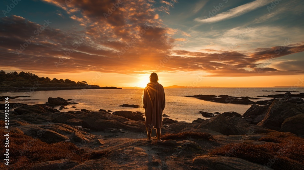 Photo of man with his back turned, watching the sunset on the seashore.