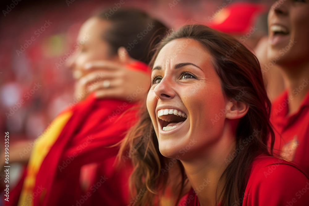 Aficionadas españolas de fútbol en un estadio de la Copa del Mundo celebrando el campeonato de la selección nacional de fútbol de España.
 - obrazy, fototapety, plakaty 