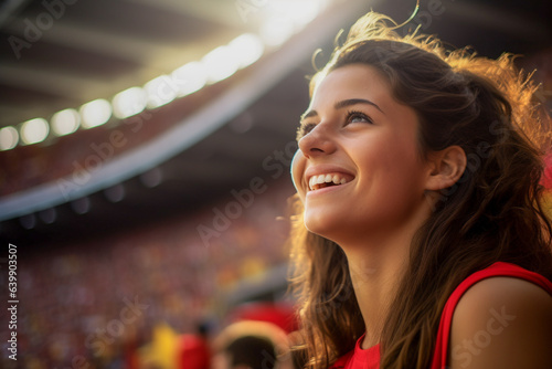 Aficionadas españolas de fútbol en un estadio de la Copa del Mundo celebrando el campeonato de la selección nacional de fútbol de España.
 photo