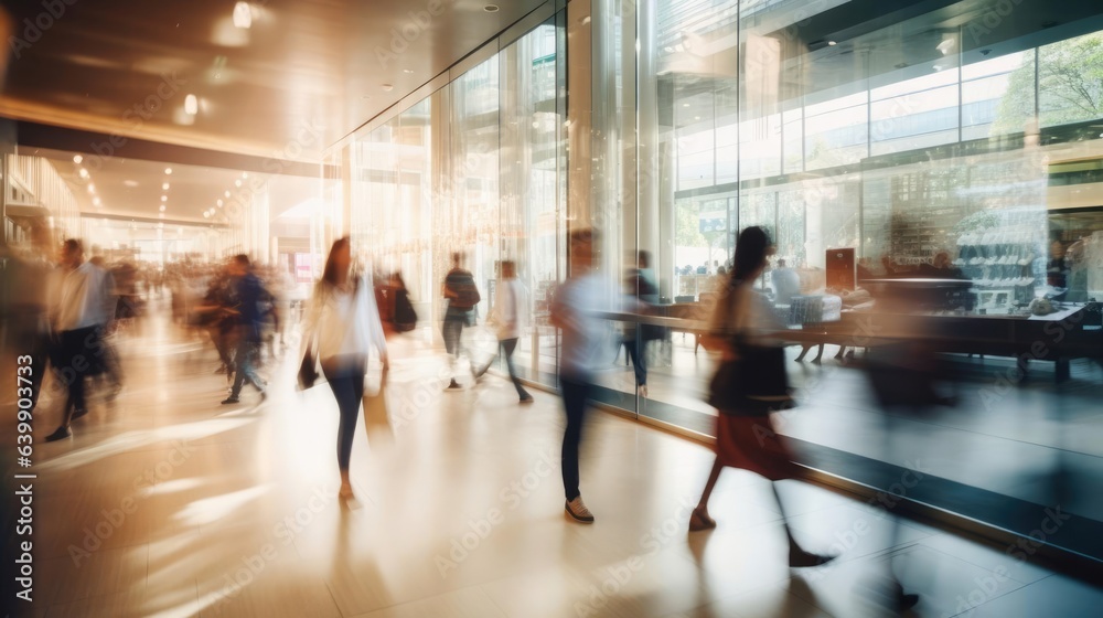 Blurred group of people go shopping in fast movement in mall