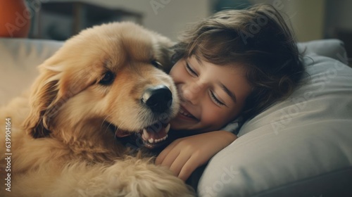 Cheerful young boy hugging her beloved pet dog at home on the couch