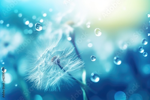 Dandelion Seeds in droplets of water on blue background