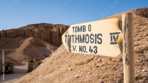 A directional sign to the Tomb of Tuthmosis in the Valley of the Kings, Egpyt