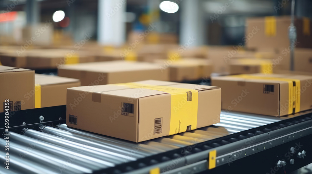 Close up carton boxes on conveyor belt