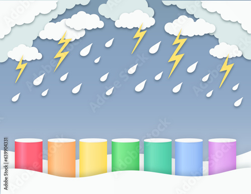 Rainbow displays in a row, under rainy sky 3d paper illustration, seven empty podiums vector, raining clouds and thunder cartoon design