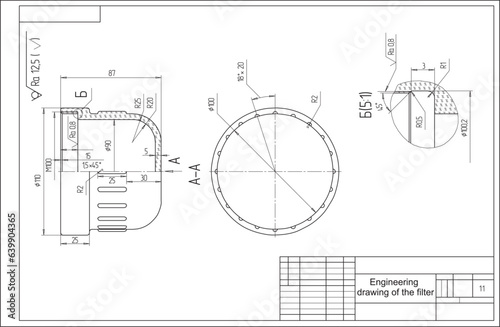 Vector drawing of the filter cover. 
Section of a mechanical part.
Engineering cad scheme. Technical background.