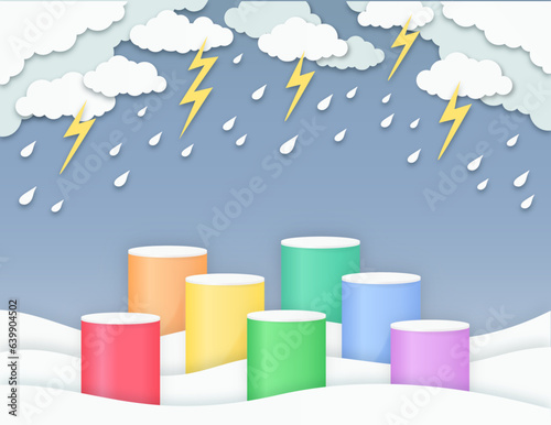 Rainy day background, rainbow colors podiums, 3d papercut cartoon empty display illustration